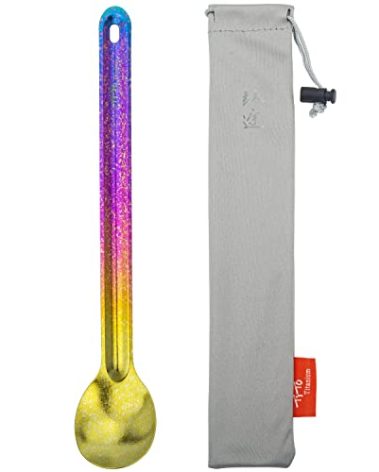 TiTo Titanium Long Handle Spork and Spoon Eco-Friendly Ultralight Portabale Flatware for Outdoor Camping Backpacking Hiking Travel Picnic Tableware with Bag(Bright Colorful Spoon)