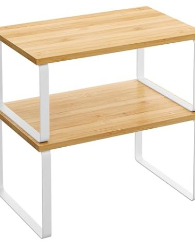 SONGMICS Cabinet Organizer Shelf, Set of 2 Kitchen Counter Shelves, Kitchen Storage, Spice Rack, Stackable, Expandable, Metal and Engineered Wood, Cloud White and Natural Beige UKCS02NW