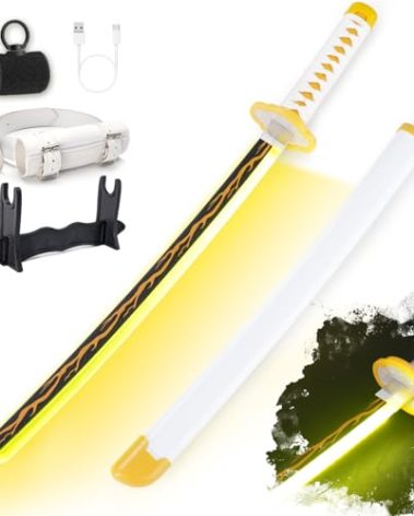 RENGENG Light Up Zenitsu Sword, 30 Inches Rechargeable Pre-Assembled Plastic Replica with Belt & Stand & Spinner, Original Texture Sword