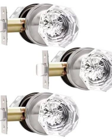NIZADO Interior Glass Door Knobs 3 Pack, Crystal Door Knobs Satin Nickel, Chrome Diamond Passage Door Knobs for Closet
