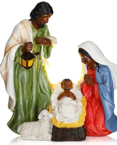 Thyle African Americans Nativity Set Indoor Decor for Christmas Black Nativity Scene LED Black Jesus Figurine Table Decor Mary Joseph Baby Jesus in Manger Religious Gifts