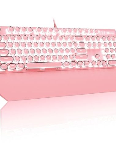 MageGee Typewriter Mechanical Gaming Keyboard, Retro Punk Pink Round Keycaps, 104 Keys LED White Backlit Wired Keyboards for Laptop MAC PC Gamer, with Magnetic Wrist Rest, Blue Switch