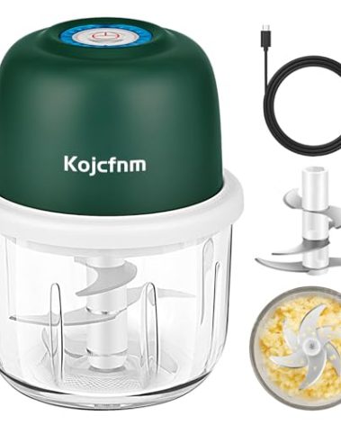 Electronic mini Food Slicer, Garlic Chopper, Small Vegetable Processor, Wireless Rechargeable Dicer, Veggie Rolling Blender, Spice Masher, Onion Cut Mincer, 350ml Glass Bowl, 6 Blades, Dark Green.