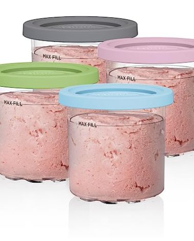 Ninja Creami Pints 4 Pack, Compatible with NC299AMZ & NC300s Series Creami Ice Cream Makers, Genuine Ninja Pint, BPA-Free & Dishwasher Safe, Color Lids, Clear/Grey/Lime/Pink/Aqua, XSKPLD4BCD​