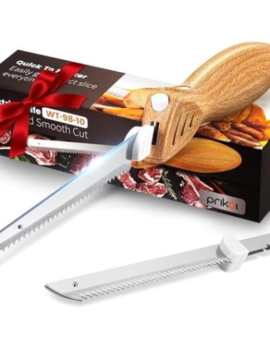 Prikoi Electric Knife - Easy-Slice Serrated Edge Blades Carving Set for Meat, Bread, Turkey, Ribs, Fillet, DIY, Ergonomic Handle + 2 Blades for Raw & Cooked Food(Faux Wood)