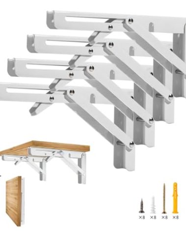 Folding Shelf Brackets, 20 Inch 4 Pcs Heavy Duty Wall Mounted Collapsible Triangle Shelf Bracket for Folding Wall Table, DIY Folding Countertop, Barbecue, White
