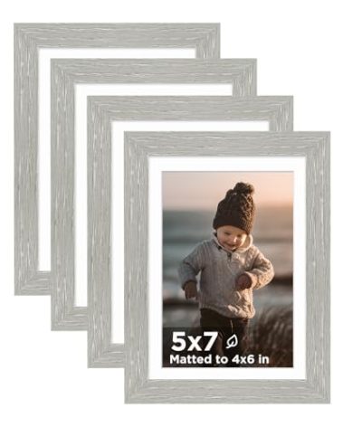 KINLINK 5x7 Picture Frame Light Grey Set of 4, Wooden Photo Frames Matted 4x6 with Plexiglass for 4x6 with Mat or 5x7 without Mat for Table and Wall Display