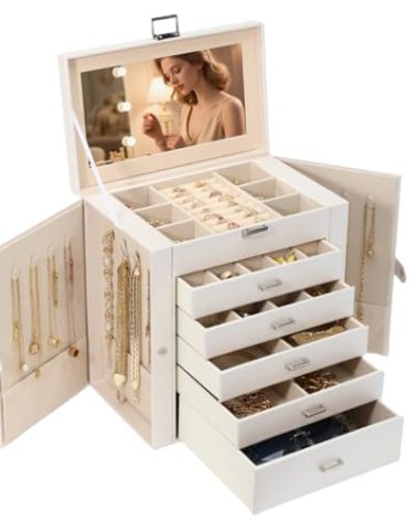 BOOVO Jewelry Box For women, 6 Layer Large Jewelry Organizer With Mirror, Multi-Function Storage Box With Lock, Accessory Holder With 5 Drawers, For Earrings Necklace Ring Bracelet (Pearl White)
