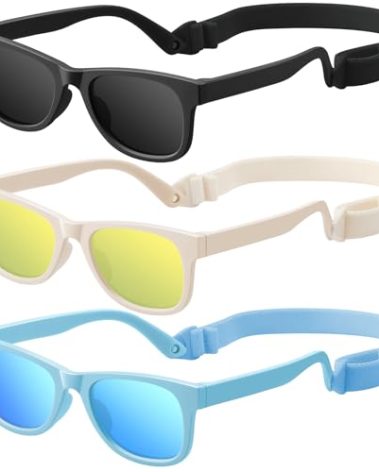 zestero Baby Infant Toddler Polarized Sunglasses with Strap for Boys Girls Age 0-24 Months, 3 Pack Flexible TPEE Rubber Frame Kids 100 UV Protection Sunglasses Newborn Shades