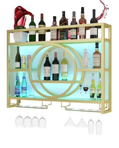 Wine Rack Wall Mounted with Wine Glass Rack Floating Bar Shelves for Liquor Bottles with LED Light Liquor Bottle Display Shelf Wall Bar Cabinet Mini Bar for Home Bar Dining Room Kitchen Living Room(Go