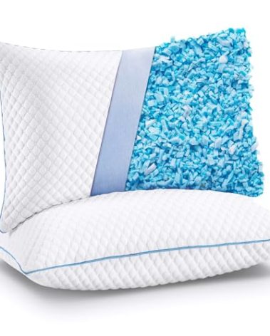 VVZ Cooling Bed Pillows Standard Size Set of 2,Shredded Memory Foam Pillows with Gel, Adjustable Firmness for Side, Back, Stomach Sleepers, 20x26, White