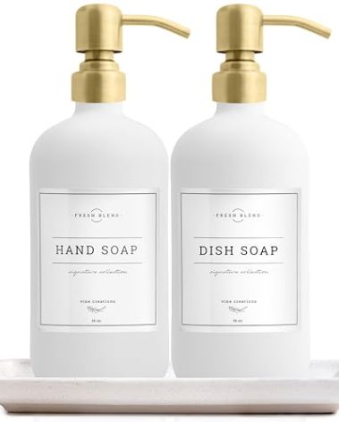 Vine Creations Glass Soap Dispenser, 2 Pack Kitchen Soap Dispenser Set with Ceramic Tray, Stainless Steel Pump, Dish Soap and Hand Soap Dispensers for Bathroom or Kitchen Decor with Waterproof Labels