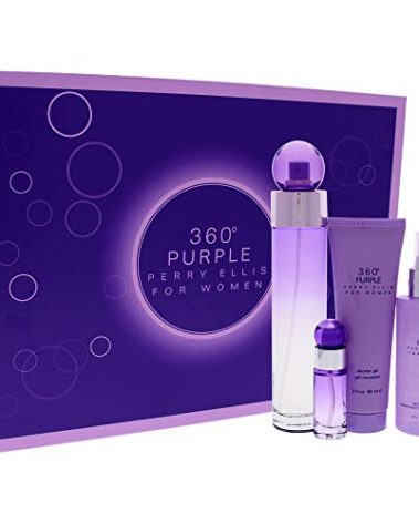 Perry Ellis 360 Purple Women 3.4oz EDP Spray, 7.5ml EDP Mini Spray, 4oz Body Mist, 3oz Shower Gel 4 Pc Gift Set