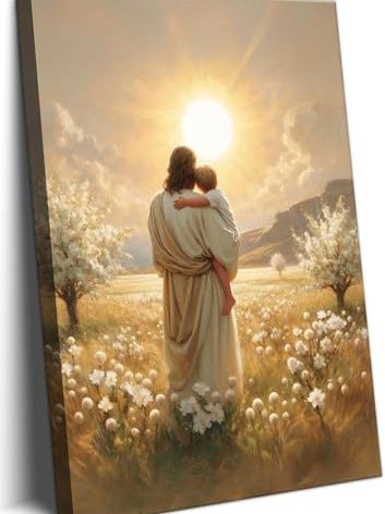 Jesus Canvas Wall Art Decor, Jesus With Boy In The Field Wall Art, Christian Bible Stories Canvas Wall Art, Religious Prints Artwork for Christian Church Prayer Room Living Room Child Bedroom 12x16in