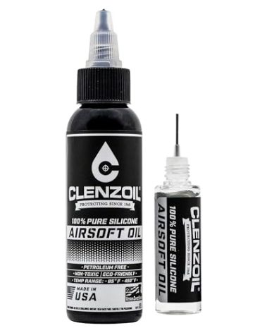 Clenzoil Airsoft & Air Gun Oil - 2 oz Combo Airsoft Oil - for Air Rifles & Airsoft Pistols - Pure Silicone Oil for Gun Lubrication - Made in The USA - 2 oz Bottle & 0.5 oz Needle Oiler Combo Pack