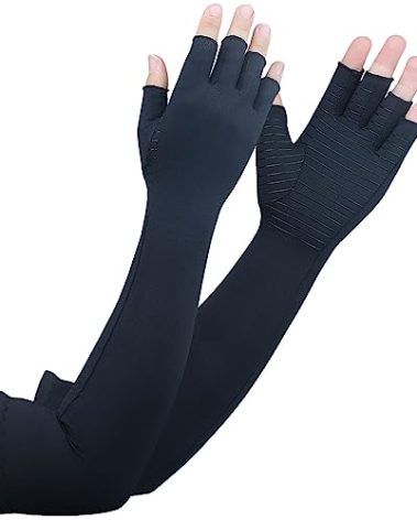 Long Arthritis Compression Gloves for Women Men, Copper Gloves for Joint Pain Relief, Swelling, RSI, Fingerless Carpal Tunnel Glove for Work, Computer Typing, Support Hands, Wrist and Arms (Large)