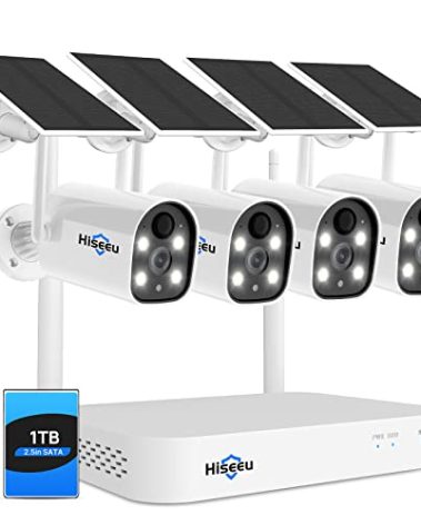 Hiseeu Solar Powered Wireless Security Camera System Outdoor, 10CH 2K NVR, AI Human Detection, 2-Way Audio, 4MP Battery Cameras with Color Night Vision, IP66 Waterproof, 1TB HDD (WK-4C40-AT)