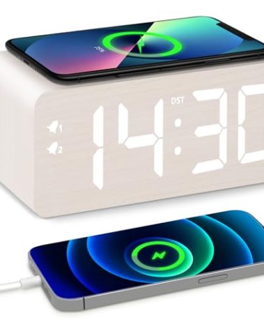 URAYCO Wooden Digital Alarm Clock, 10W Fast Wireless Charger Station & 2 USB Charging Ports, with 0~99% Dimmer, Dual Alarm, Weekday/Weekend Mode, Wood LED Clock for Bedroom, Desk, Office
