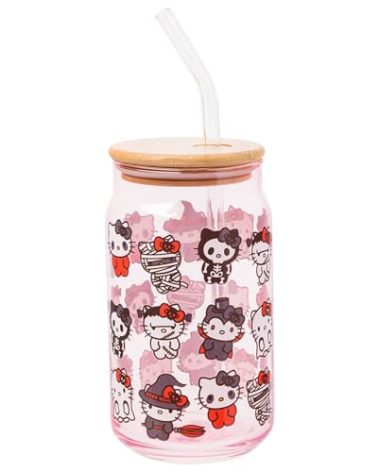 Silver Buffalo Sanrio Hello Kitty and Friends Halloween Spooky Costumes Ghost Witch Vampire Zombie Frankenstein Skeleton Pink Glass Jar Tumbler with Bamboo Lid and Glass Straw, 16 Ounces