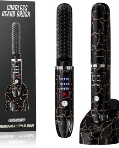 Beard Straightener for Men, Cordless Heated Beard Brush, Portable Beard Hot Combs, Ionic Mini Hair Straightener with 3 Temp Settings, Coarse Curly Hair Brush, Grooming Kit for Men