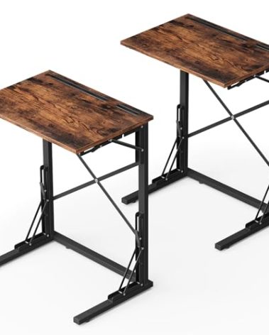 Evermagin 21''Wx28''H Folding TV Tray Set of 2, Small Foldable C-Shaped Tray Table for Eating with Tablet and Phone Slots, Slide Under Couch Side Table for Recliner, Living Room, Bedroom, Rustic Brown