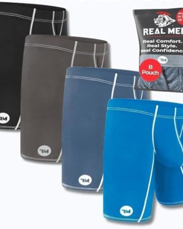 Real Men 9in Nylon Boxer Briefs B Pouch Med 4pk Blk/Drk Blu/Gry/Lt Blu Men Underwear Boxer Brief Ball Pouch Men's Supportive Underwear Mens Performance Boxers Briefs