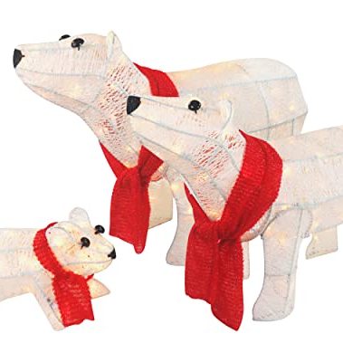 3-Piece 20in Lighted Polar Bear Family - Large Outdoor All-Weather Christmas Décor for Front Yard, Lawn or Indoor w/ 210 Pre-Strung Lights, Zip Ties, Ground Stakes (White)