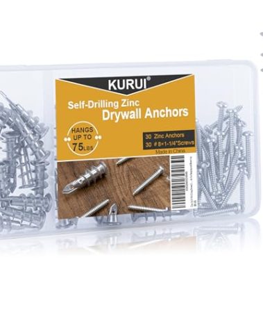 KURUI #8 Zinc Self-Drilling Drywall Anchors, 60PCs Hollow Metal Wall Anchors and Screws Kit, 30 Heavy Duty Anchors + 30#8 x 1-1/4'' Screws, 75LB Hanging and Mounting