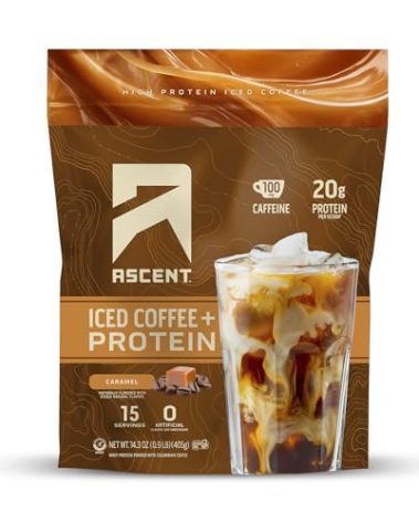 Ascent Caramel Iced Coffee Protein Powder - High Protein Powder, 20 g Protein & 100 mg Caffeine from Premium Colombian Coffee, Zero Artificial Flavors & Sweeteners - 15 Servings
