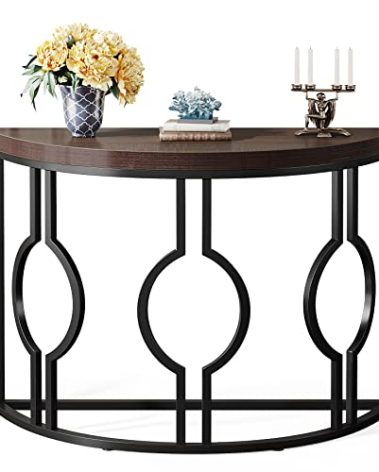 LITTLE TREE 43 Inch Half Moon Console Table for Entryway Industrial Semi Circle Sofa Table Wood Accent Table for Living Room, Hallway, Foyer, Entrance, Rustic Brown