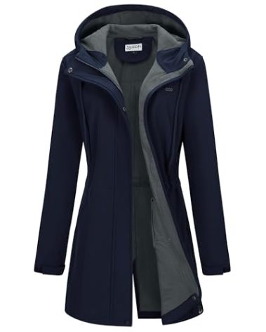 33,000ft Women's Softshell Long Jacket with Hood Fleece Lined Windproof Warm up Waterproof Windbreaker