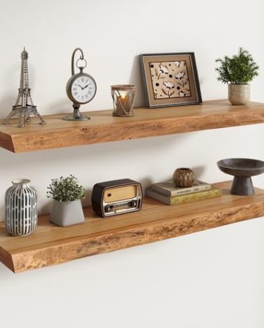RICHFOCUS Live Edge Elm Floating Shelves - 40" W x 9.3" D Rustic Solid Wood Wall Shelves with Invisible Bracket, Wall-Mounted for Living Room, Bedroom, Kitchen Storage & Display, Set of 2, Natural