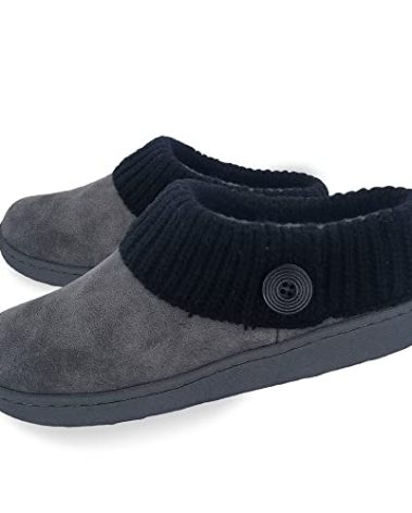 Clarks Womens Suede Leather Comfort Clog Knitted Collar Slipper - Plush Faux Fur Trim - Indoor Outdoor House Slippers For Women (Grey/Black 8M)