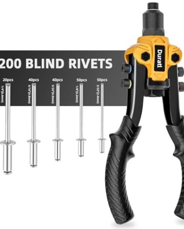 Rivet Gun, 1/4 Pop Rivet Gun Kit with 200 Blind Rivets, 5 Interchangeable Rivet Heads (3/32", 1/8", 5/32", 3/16", 1/4"), Heavy Duty Hand Riveter Tool for Metal, Gutter & Automotive