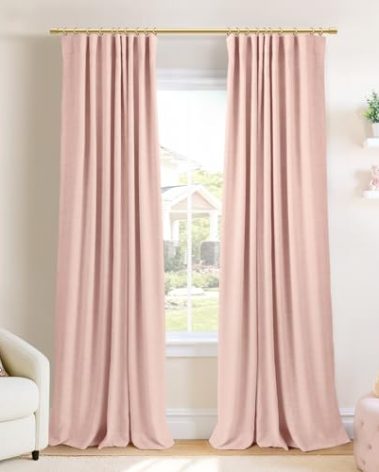 INOVADAY 100% Blackout Curtains for Bedroom, Black Out Curtains 84 Inch Long, Clip Rings Linen Blackout Drapes, Thermal Insulated Room Darkening for Living Room, 2 Panels - Blush Pink,W50xL84