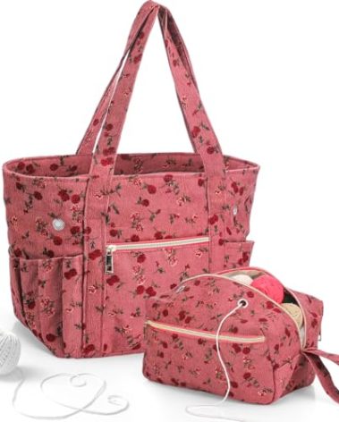 2 Pcs Crochet Bag and Tote Set Corduroy Yarn Holder Crochet Tote Bag for Hooks Vintage Flowers Organizer Yarn Holder for Ideal Mother's Day Gift Knitting Lovers Accessories