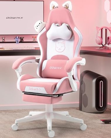 Dowinx Gaming Chair Cute with Cat Ears and Massage Lumbar Support, Ergonomic Computer Chair for Girl with Footrest and Headrest, Comfortable Reclining Game Chair 290lbs for Adult, Teen, Pink