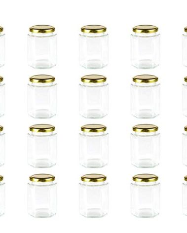 Encheng 10 oz Hexagon Jars,Clear Glass Honey Jars With Lids(Golden),Small Mason Jars For Honey,Foods,Jams, Liquid,Herb Spice Canning Jars For Storage,Party Favor,20 Pack