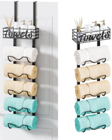 HapiRm Over The Door Towel Rack - 6 Tier Wall Mount Rolled Towel Holder Storage Organizer Shelf with Storage Basket for Small Bathroom, Rv, Camper - Black