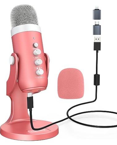 ZealSound USB Microphone,Condenser Computer Mic,Plug&Play Gaming Microphones for PS 4&5.Headphone Output&Volume Control,Mic Gain Control,Mute Button,YouTube Podcast on Mac&Windows Pearlescent Pink