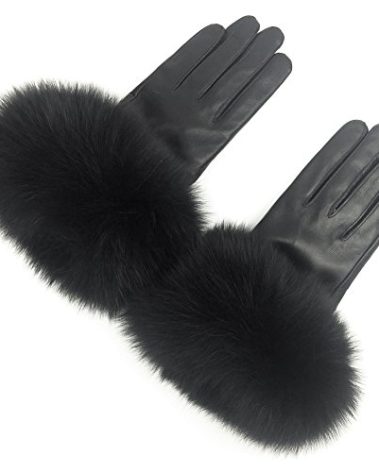 Sandy Ting Winter Women's Lambskin Leather Gloves with Fox Fur Trim Multicolor (Black, Medium)