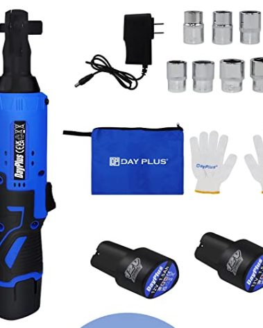 Qimu Cordless Electric Ratchet Wrench Set, 3/8" 12V Power Ratchet Driver Cordless Power Ratchet Tool Kit with 2 Packs 1500mAh Lithium-Ion Battery, 7 sockets and Charger, LED Light