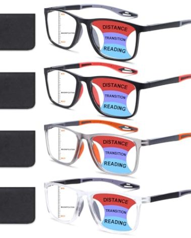 BLOEXCLU 4 Pack Progressive Multifocus Reading Glasses for Men Women TR90 Sports Style Anti-Blue Light Computer Readers (black & red & grey & transparent, 3.5, x)