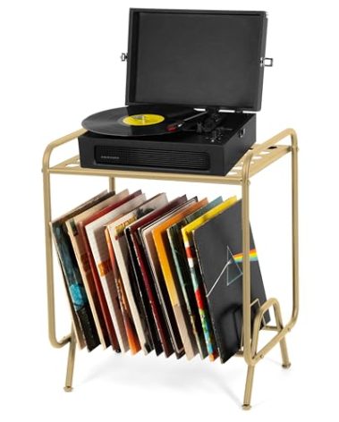Ilyapa 2-Tier Gold Metal Record Player Stand with 16 Slot Vinyl Record Holder - Honeycomb Design Turntable Shelf with Vinyl Shelf