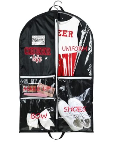 Blushtier Cheer Garment Bags for Cheerleading Uniform Waterproof Hanging Garment Bags for Dance Costumes 40 Inch Clothes Bag with 5 Pockets and Side Zip Travel Storage Cheer Uniform(Black,Red)