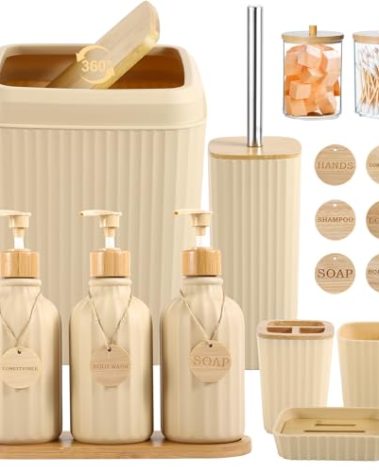 Bathroom Set 17PCS Beige Bathroom Accessories Set Bathroom Sets with Trash Can 3PCS Lotion Soap Dispenser, Toothbrush Holder,6PCS Wood Tags Bathroom Accessories for Kitchen Bathroom