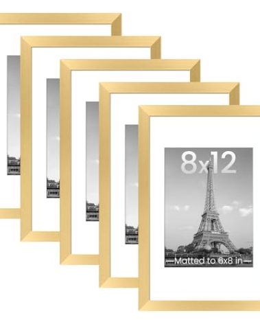 upsimples 8x12 Picture Frame Set of 5, Display Pictures 6x8 with Mat or 8 x 12 Without, Wall Gallery Photo Frames, Gold
