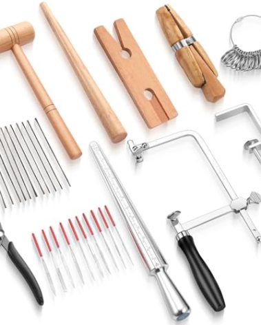 Jewelers Tools Set Including Jeweler Saw Frame Bench Pin Clamp Diamond Needle File Wooden Ring Clamp and Ring Sizer Mandrel Measuring Tool Jeweler's Mallet Hammer Stick for Jewelry Making