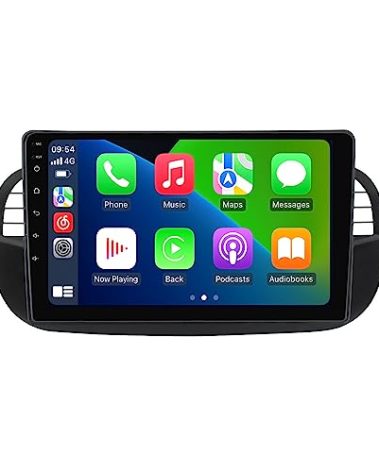 1280 x 720 Andorid 14 8 Core 2+32GB Radio for Fiat 500 500C 2007-2015 Stereo Replacement Dash Kit, 9" QLED Touch Screen Built-in Car-Play Android Auto GPS Navigation SWC DSP RDS Rear View