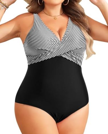 Yonique Plus Size Swimsuit One Piece Bathing Suits for Women Tummy Control Slimming Swimwear Stripes 18 Plus